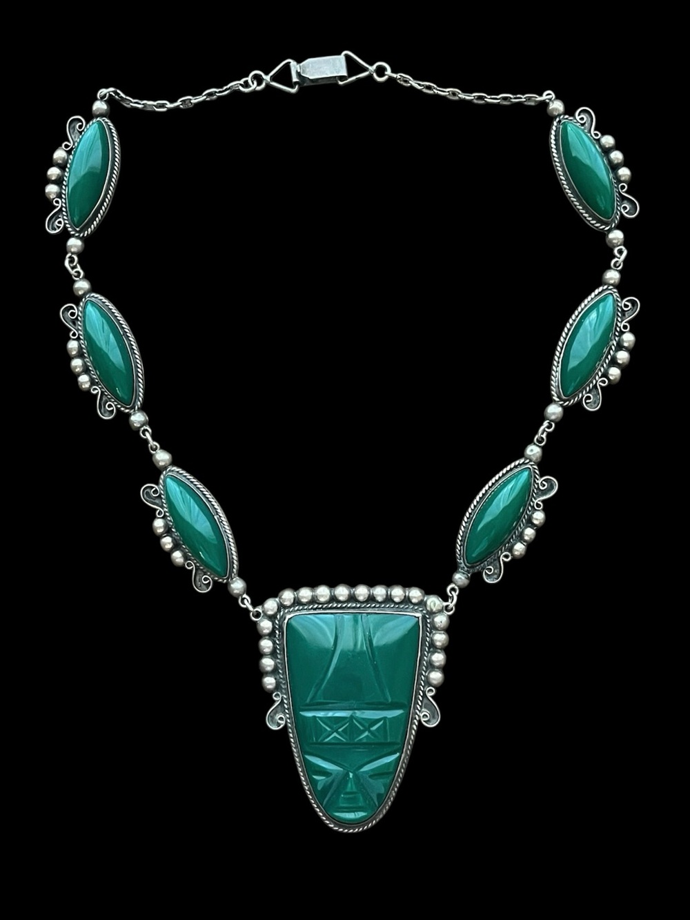 Vintage 84g Mexican Sterling Silver Carved Green Onyx Mask Link Necklace 19 in